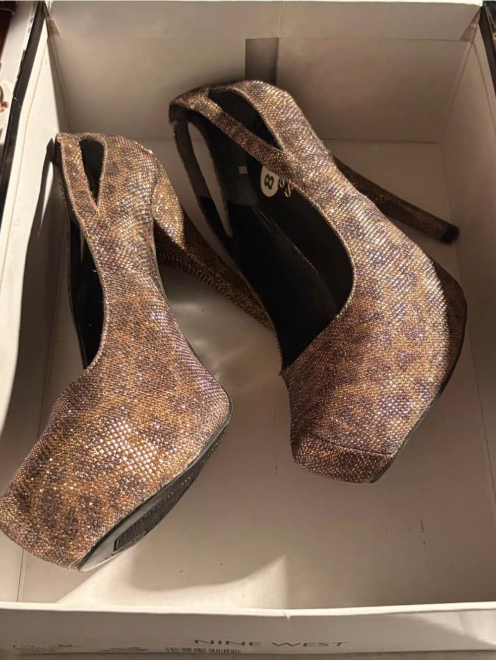 NEW GUESS Sparkle Slingback Peep-Toe Heels in Metallic Brown